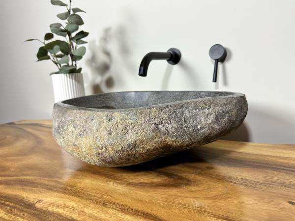 Naturstein Waschbecken Aufsatzwaschbecken Flussstein 48x36 cm