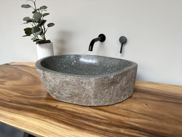 Naturstein Waschbecken Aufsatzwaschbecken Flussstein 50x45