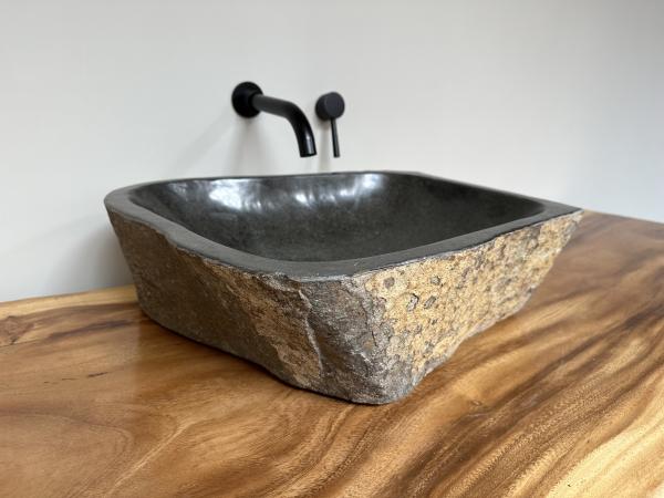 Naturstein Waschbecken Aufsatzwaschbecken Flussstein 48x42 cm