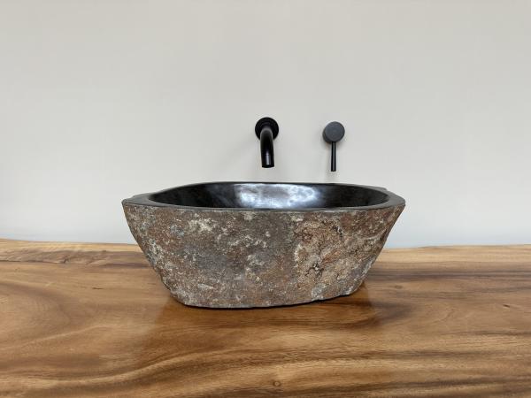 Naturstein Waschbecken Aufsatzwaschbecken Flussstein 44x28 cm