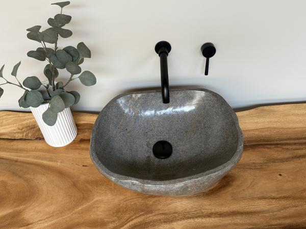 Naturstein Waschbecken Aufsatzwaschbecken Flussstein 46x36 cm