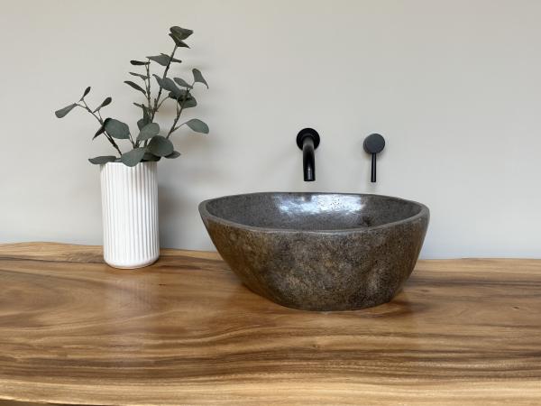 Naturstein Waschbecken Aufsatzwaschbecken Flussstein 44x37 cm