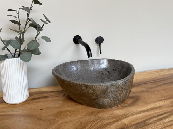 Naturstein Waschbecken Aufsatzwaschbecken Flussstein 44x37 cm